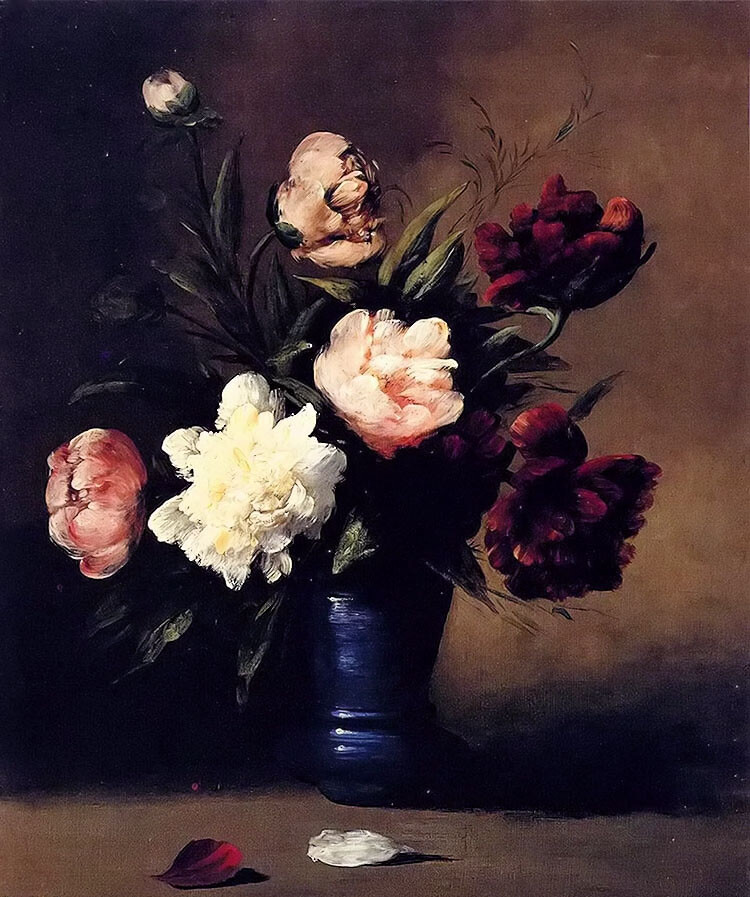 Oil painting clement ribot -peonies in a blue vase hand painted in oil on canvas