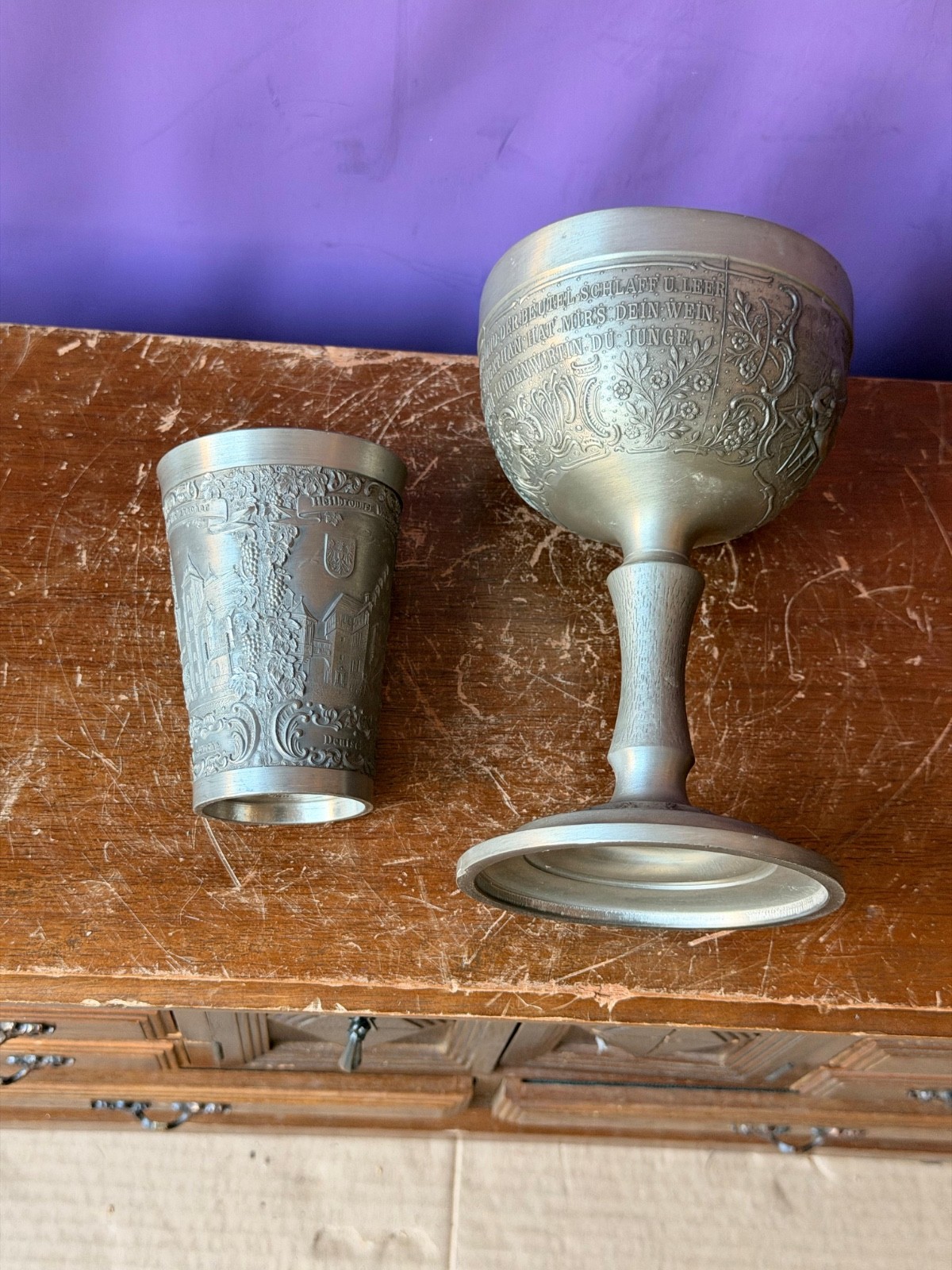 Vintage German Pewter Goblet Beaker Set Heilbronn Zinn Drinkware