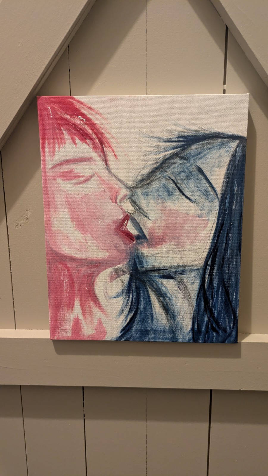 Original Gouache Canvas Painting, Red Blue Lesbian Handcrafted Art