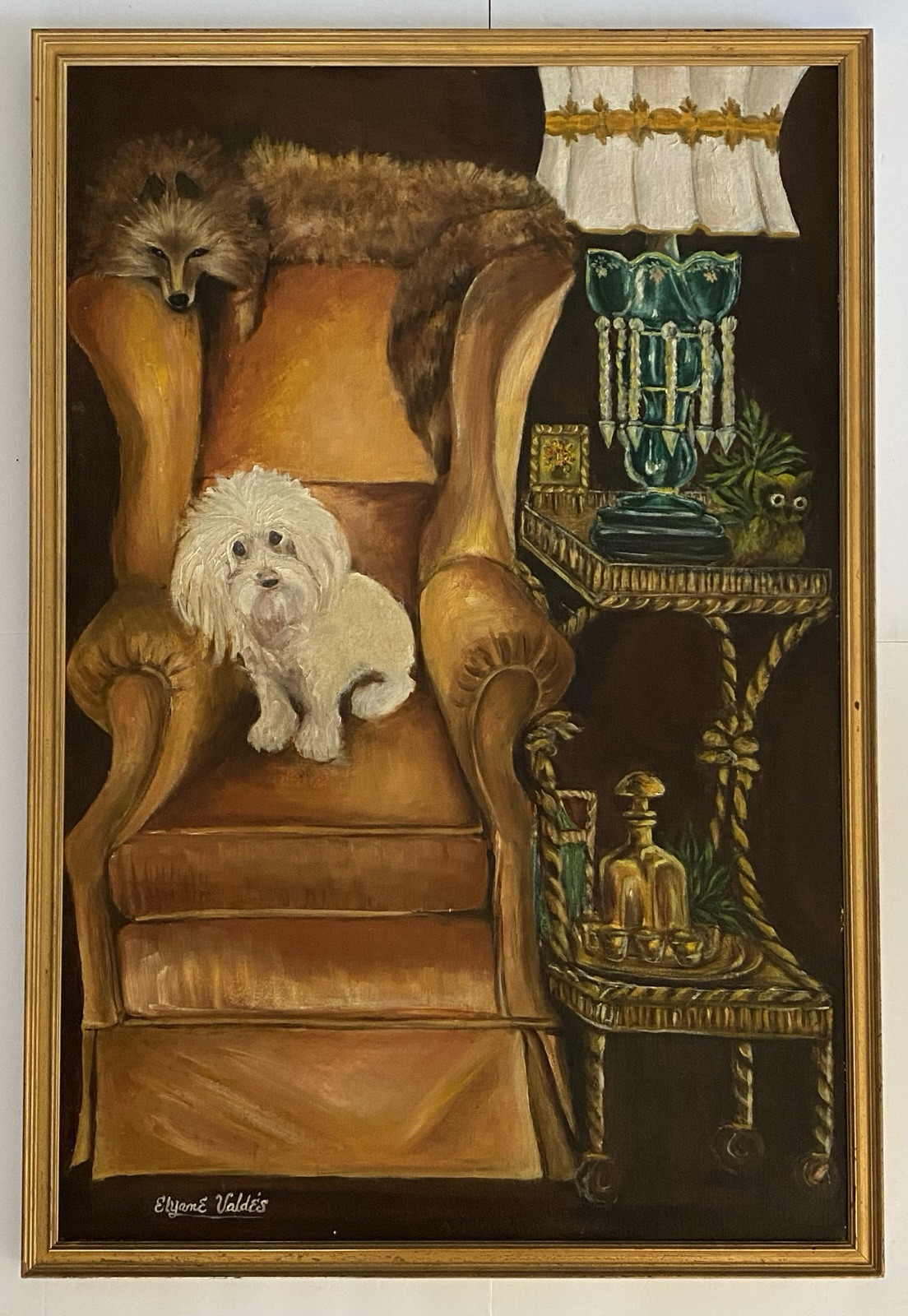Mid Century MOD Fox Maltese Dog Owl Portrait Still Life Portrait Folk Painting