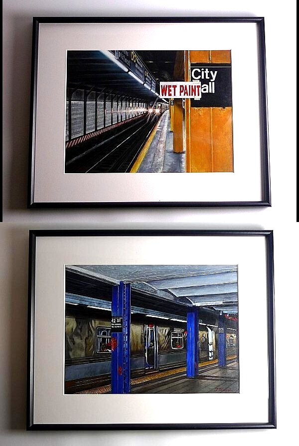 Janet Ternoff (USA) NYC Subway Station Oil Paintings on Canvas Framed 2 Set