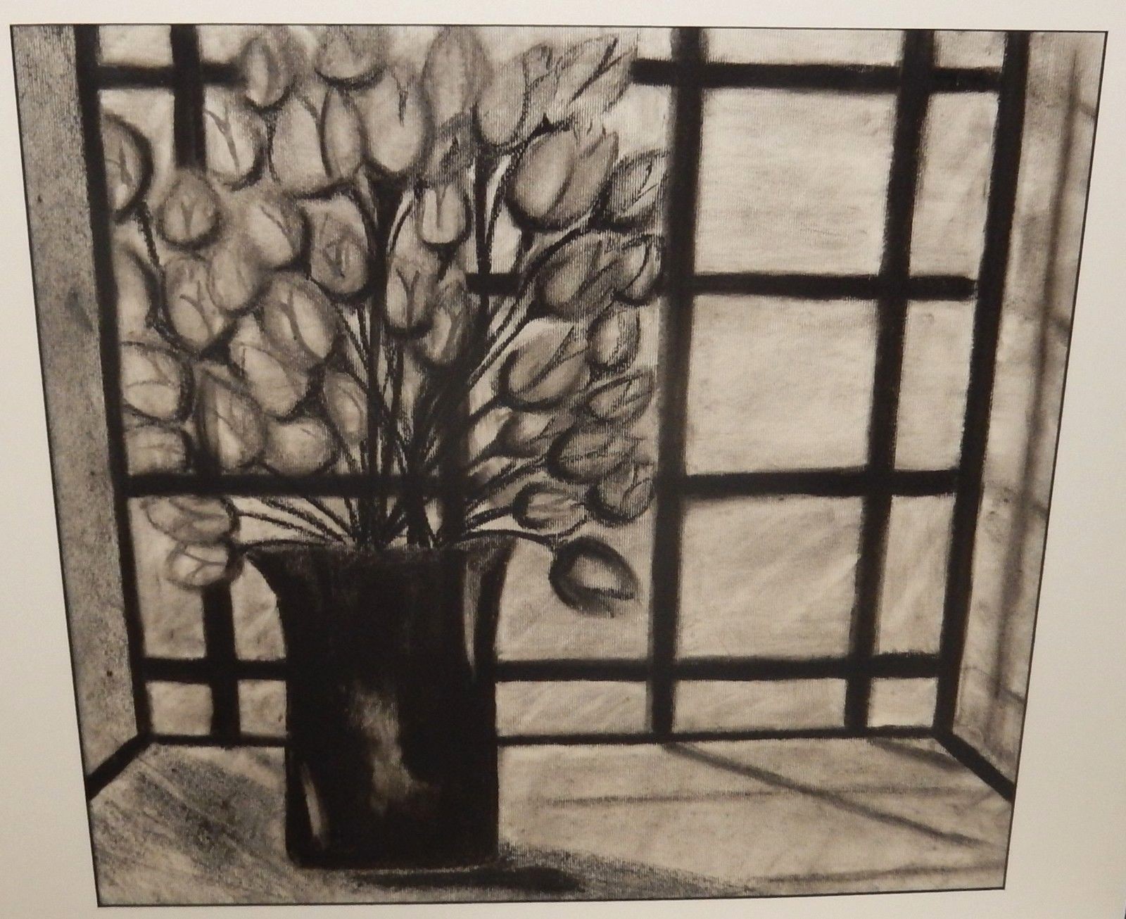 LORI HORNER ORIGINAL CHARCOAL FLOWERS IN THE WINDOW PAINTING