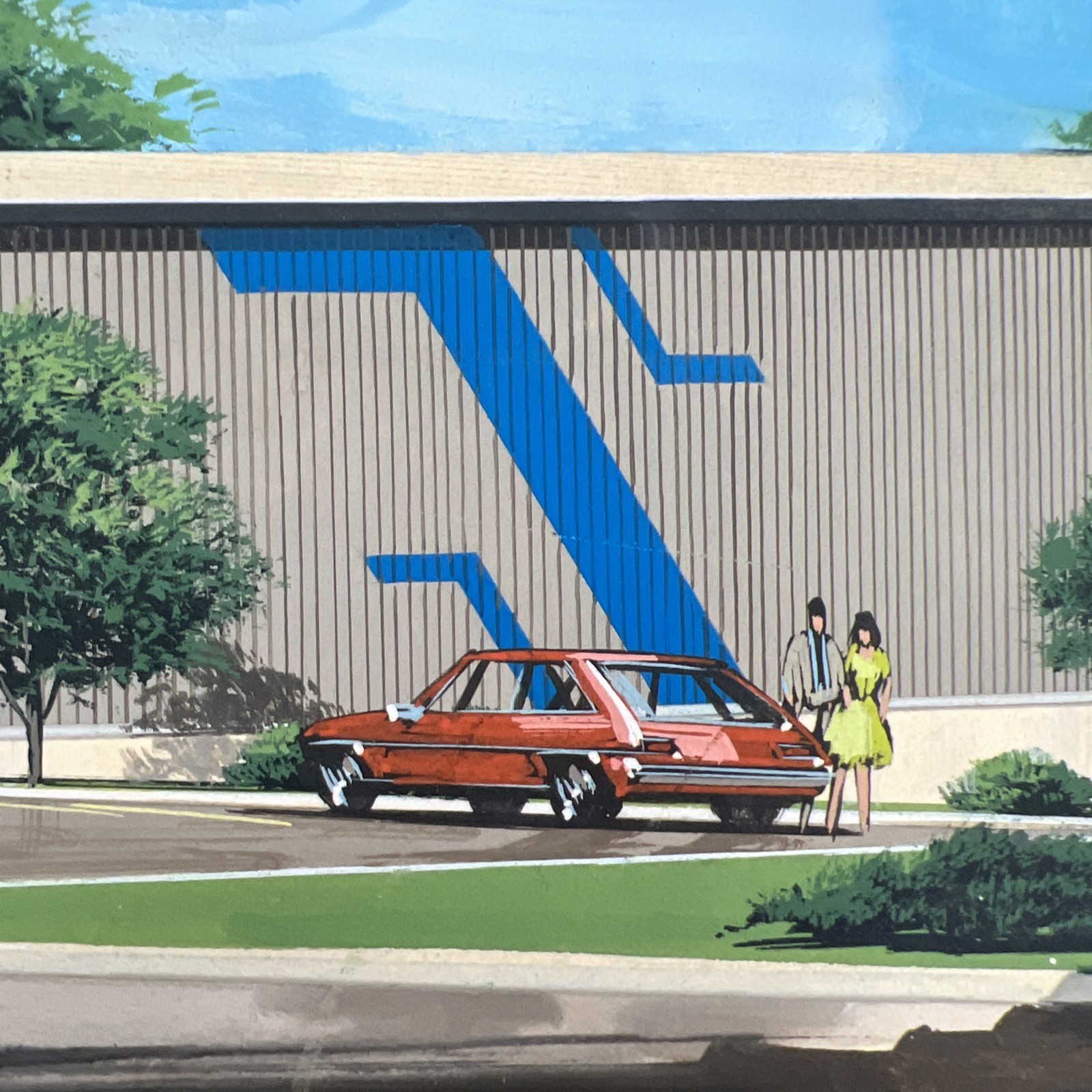 Architectural Rendering, Original Painting, Signed. 1970s, CAR DEALERSHIP