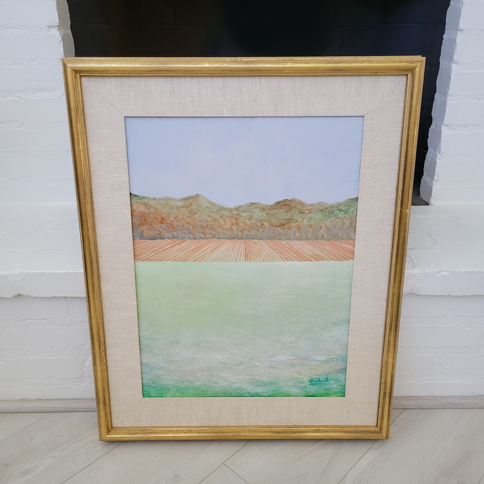Vintage Original Canvas Painting Large Wall Art Gold Frame Field Grass Signed