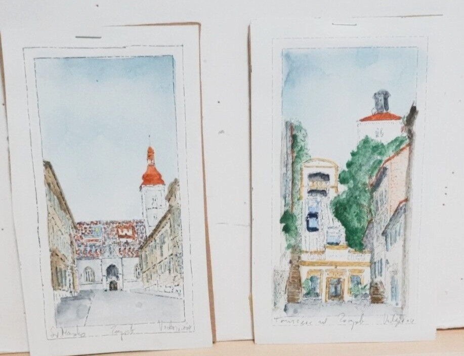 PAIR OF ST MARK’S SQUARE CHURCH STREET SCENE WATERCOLOR PAINTING SIGNED UNFRAMED