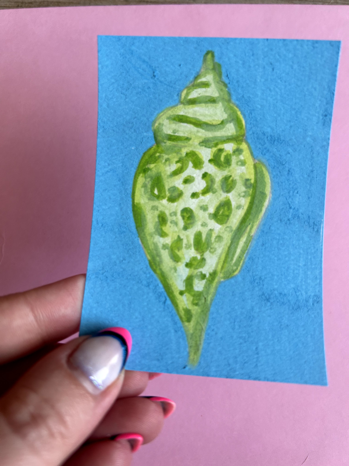 Aceo Original Painting Acrylic Fish POP ART seashell sea shell green ocean fun