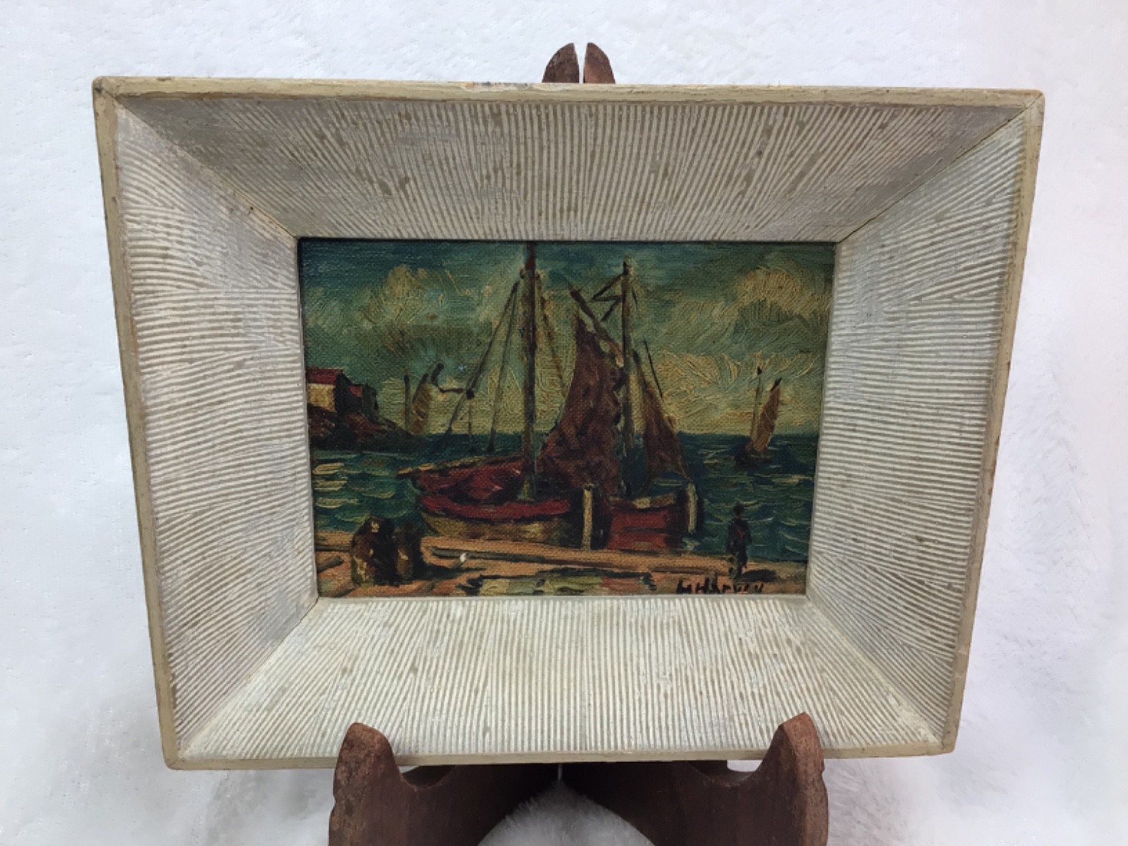 Woodstock Workshop Mini Oil Ship Painting On Board 5.5 x 4” Artist Harvey?READ