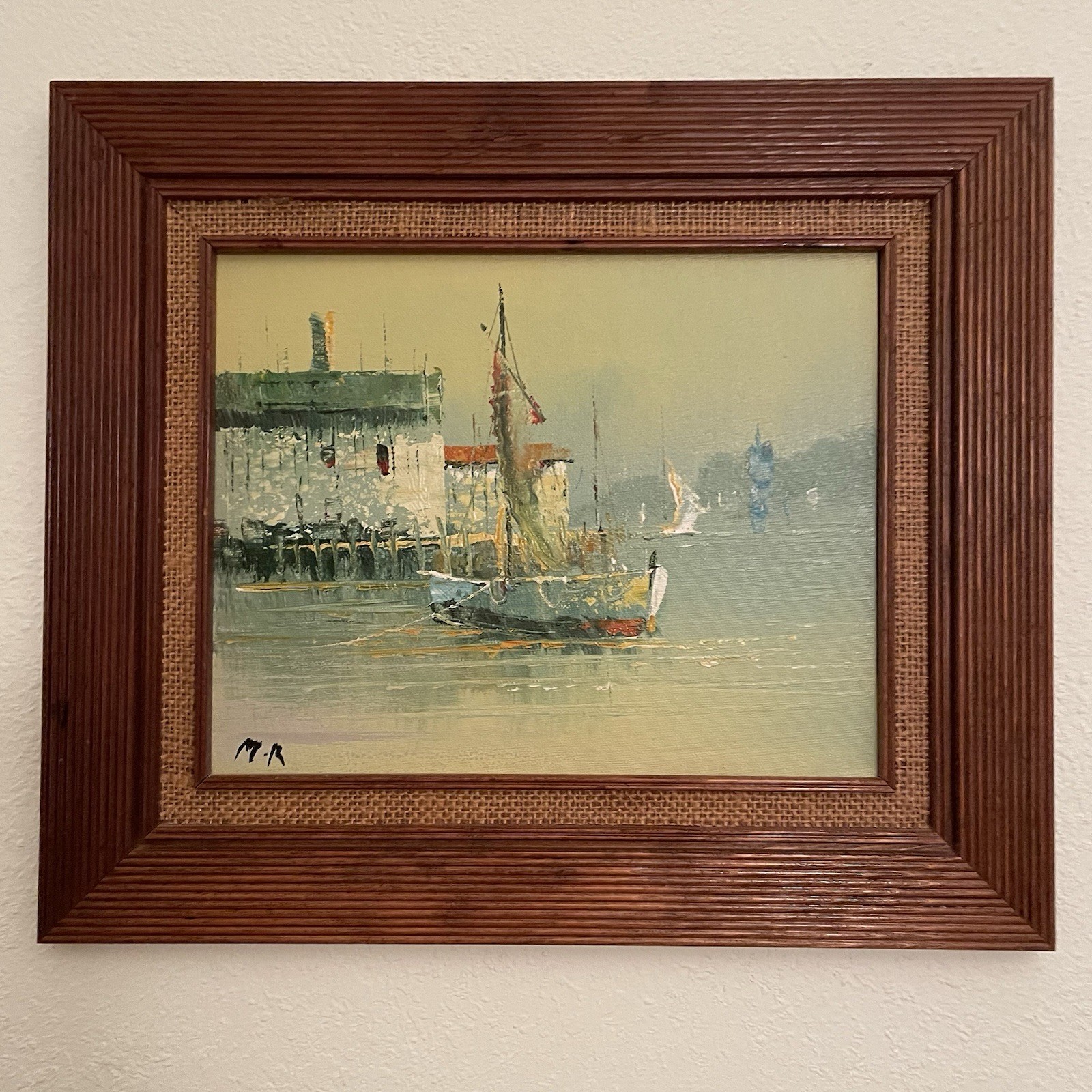Mid Century Oil Painting Harbor Scene Textured Frame Burlap Matt Retro Coastal
