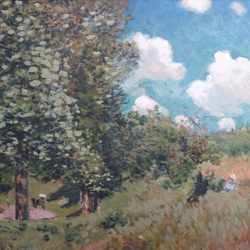 1975 Bucolic Countryside Landscape Painting Signed Sisley Figures Meadow 14×11