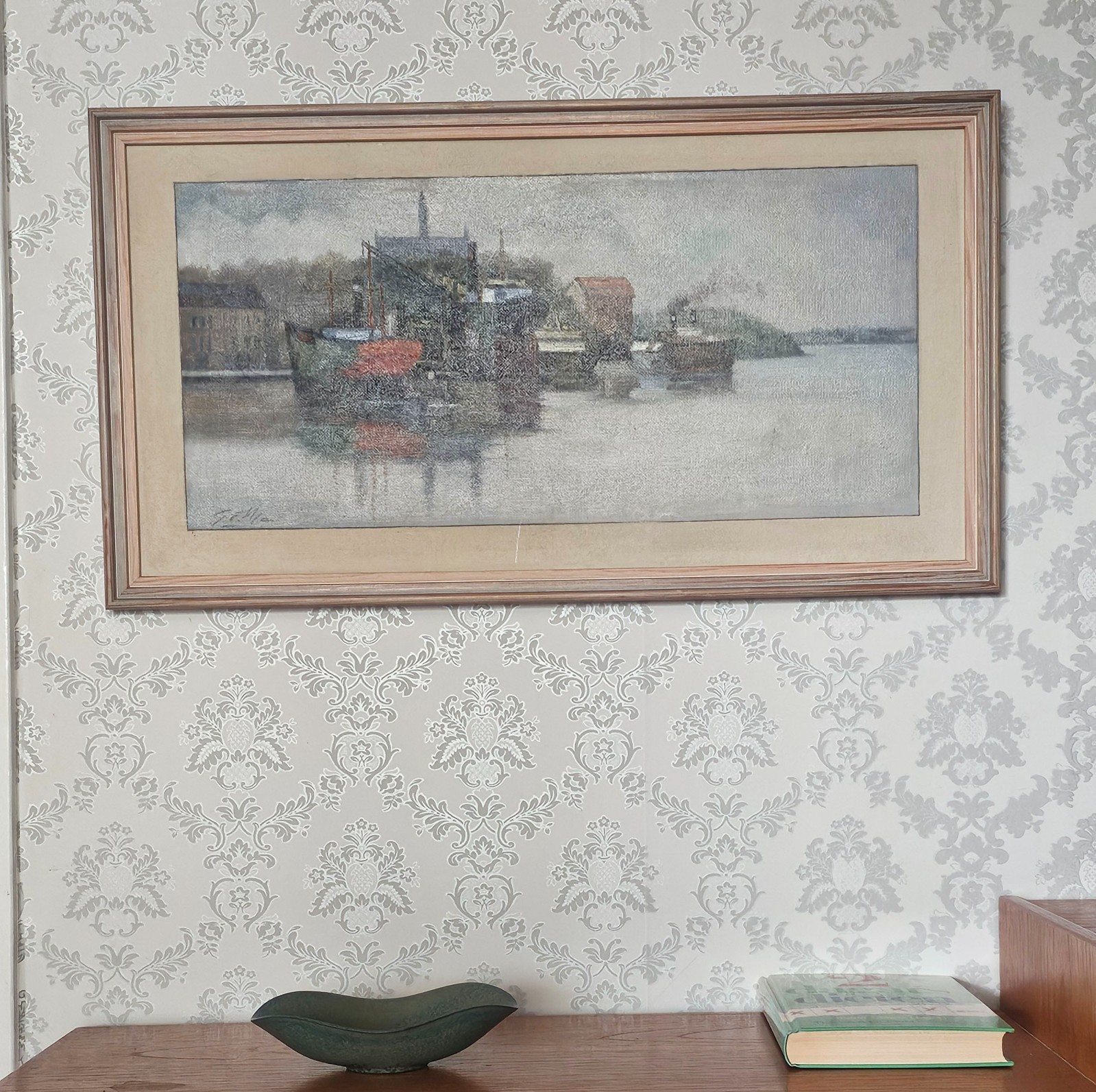 SCANDINAVIAN HARBOUR SCENE OIL PAINTING NORDIC ATMOSPHERIC COASTAL LANDSCAPE