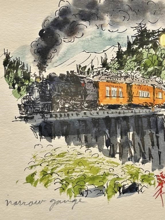 Original Watercolor Ink Painting SIGNED Russell Steel Train Railroad Narrow Gaug