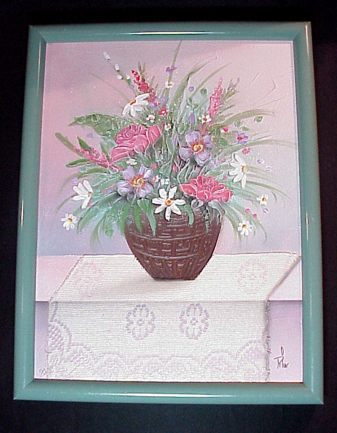 REAL LACE CLOTH WITH THICK PAINT FLOWERS WALL ART 13 1/2 X 17 1/2 IN WOOD FRAME