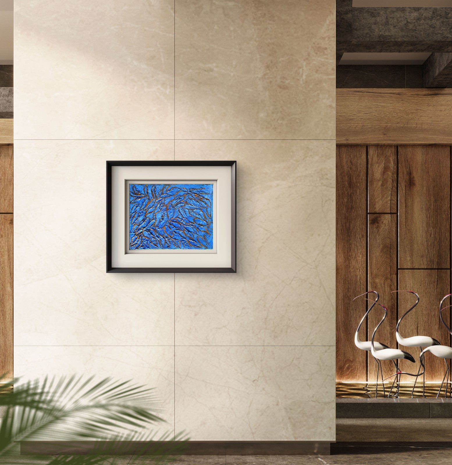 Blue Textured Abstract with Metallic Copper Accents – Original 14×11