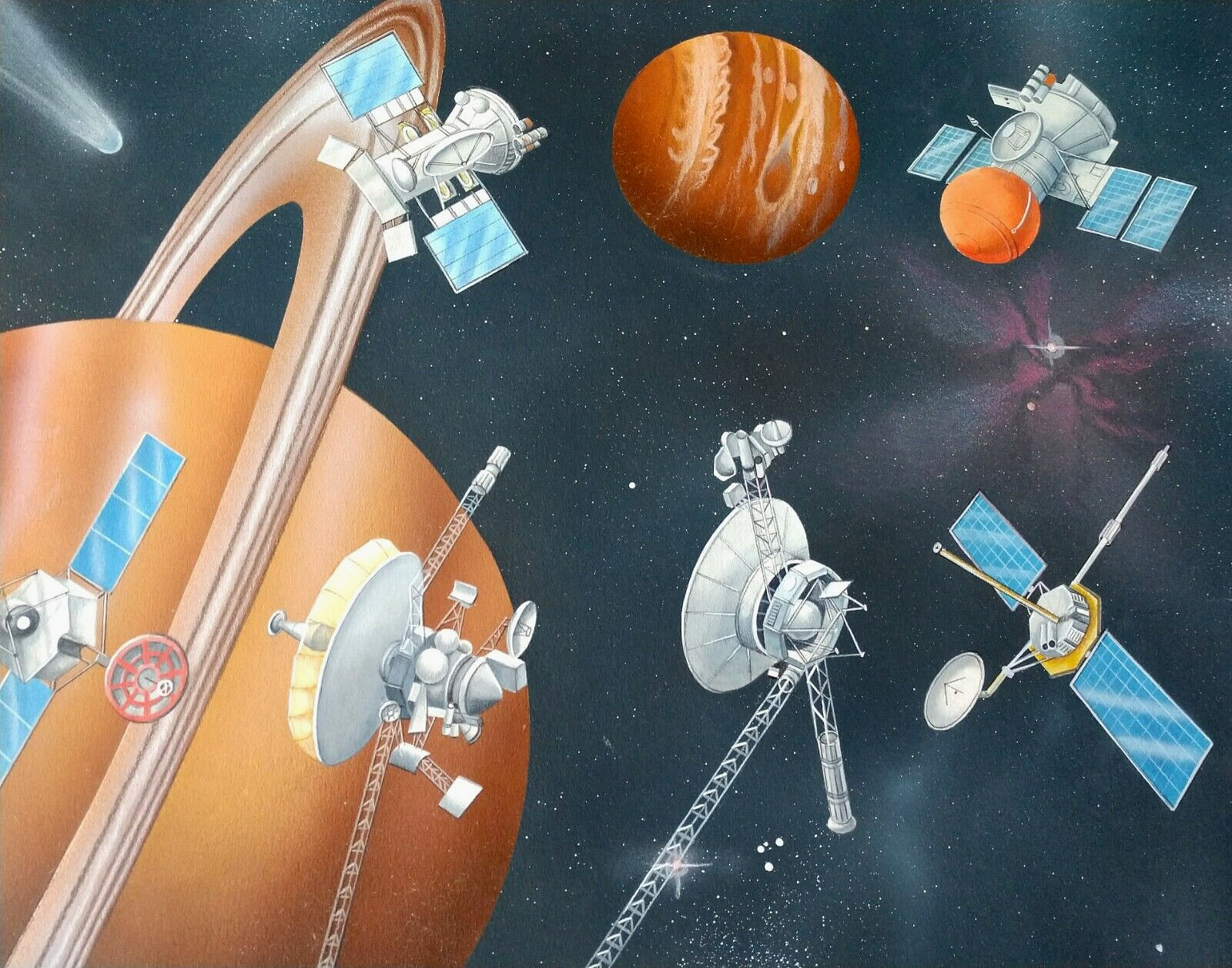Satellites View Saturn Jupiter Postage Stamp Original Artwork Painting on Paper