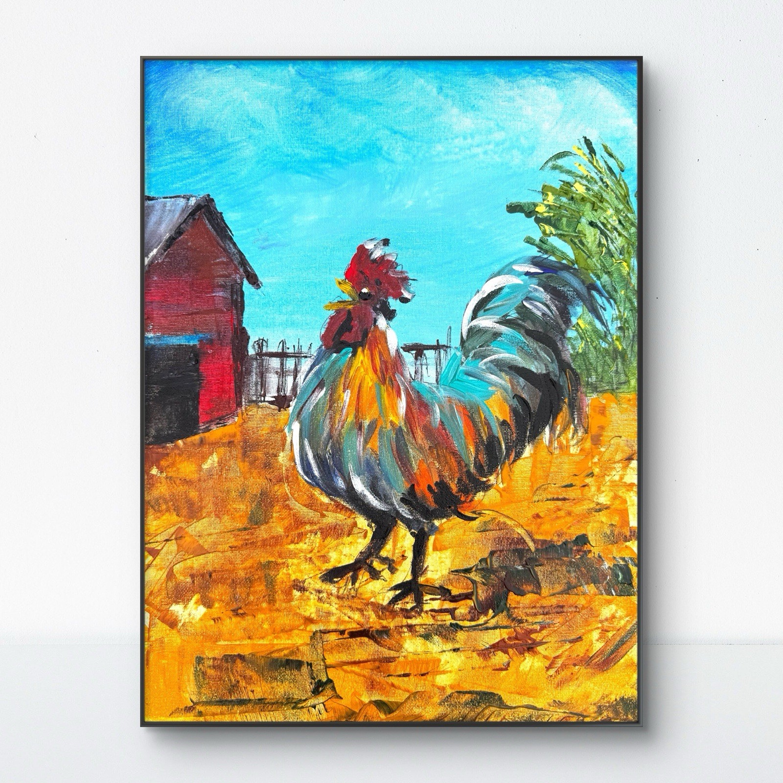 Original Fine Art 12×16 Rooster Abstract Expressionism Multicolor Signed 413