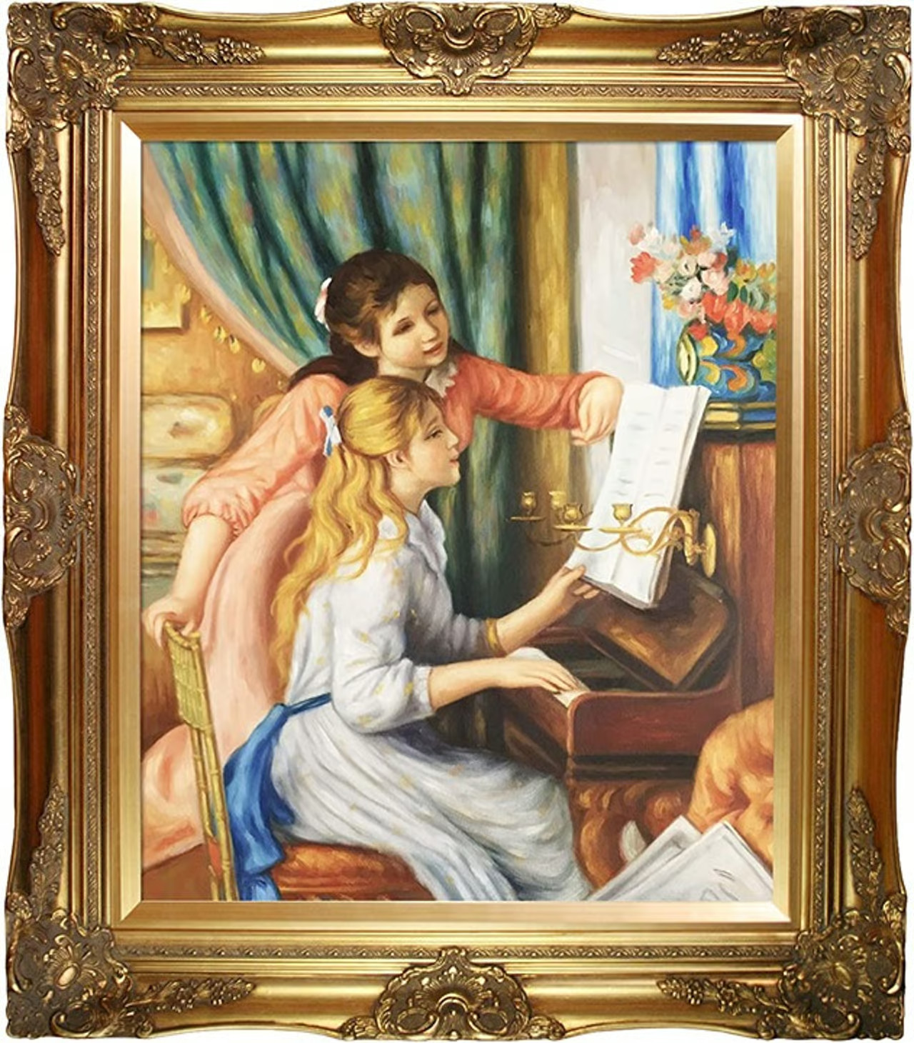 La Pastiche «Young Girls at the Piano» Renoir Framed Oil Painting 32×28 Victoria