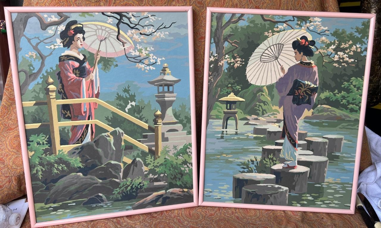 Pair Set Two 2 Vintage MCM Geisha Girl Woman Landscape Garden Painting PBN Art