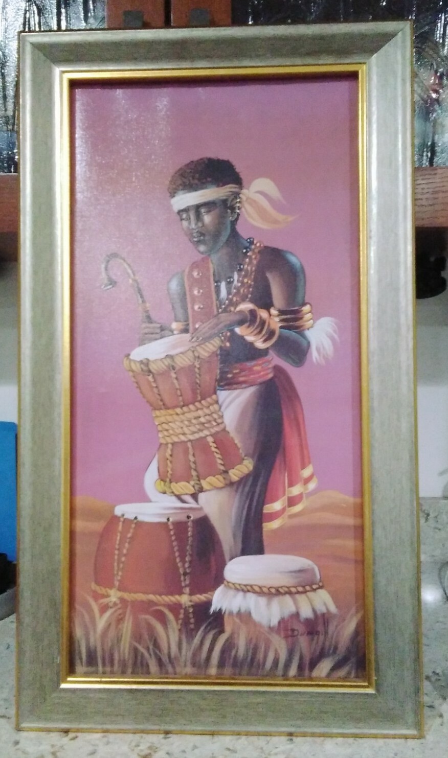 Large ELAINE DUNGILL «Young Man-Warrior-Drummer» LITHOGRAPH ART ON CANVAS. 1998