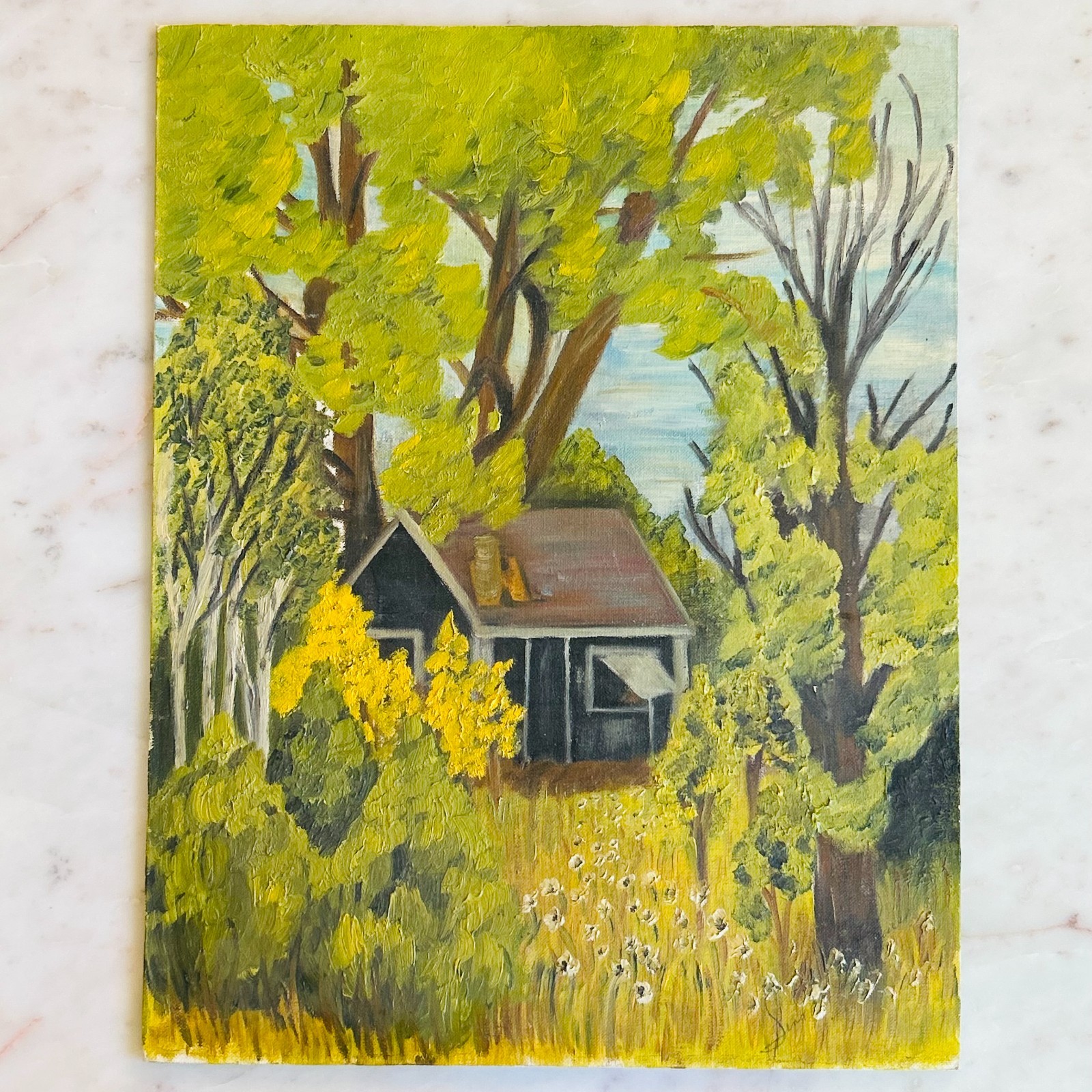 Hand Painted Cabin in the Woods Wall Art Painting on Canvas Signed 18×14″