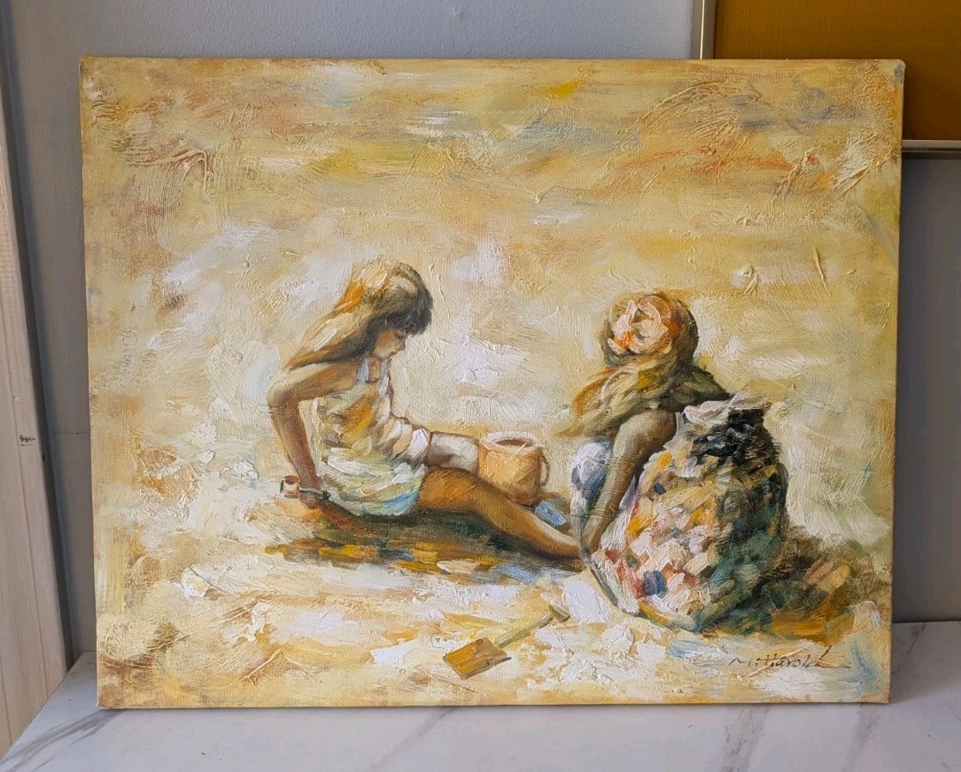 M Harold Painting Signed Girls Beach 16×20