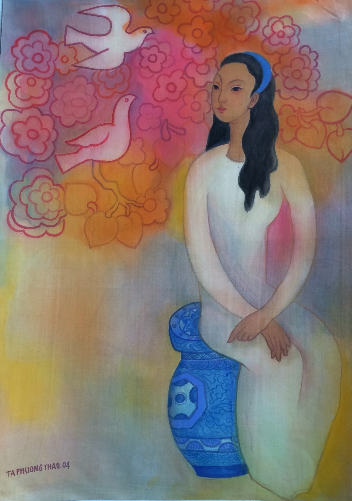 Ta Phuong Thao Girl and birds original silk painting art in heart 15×21″