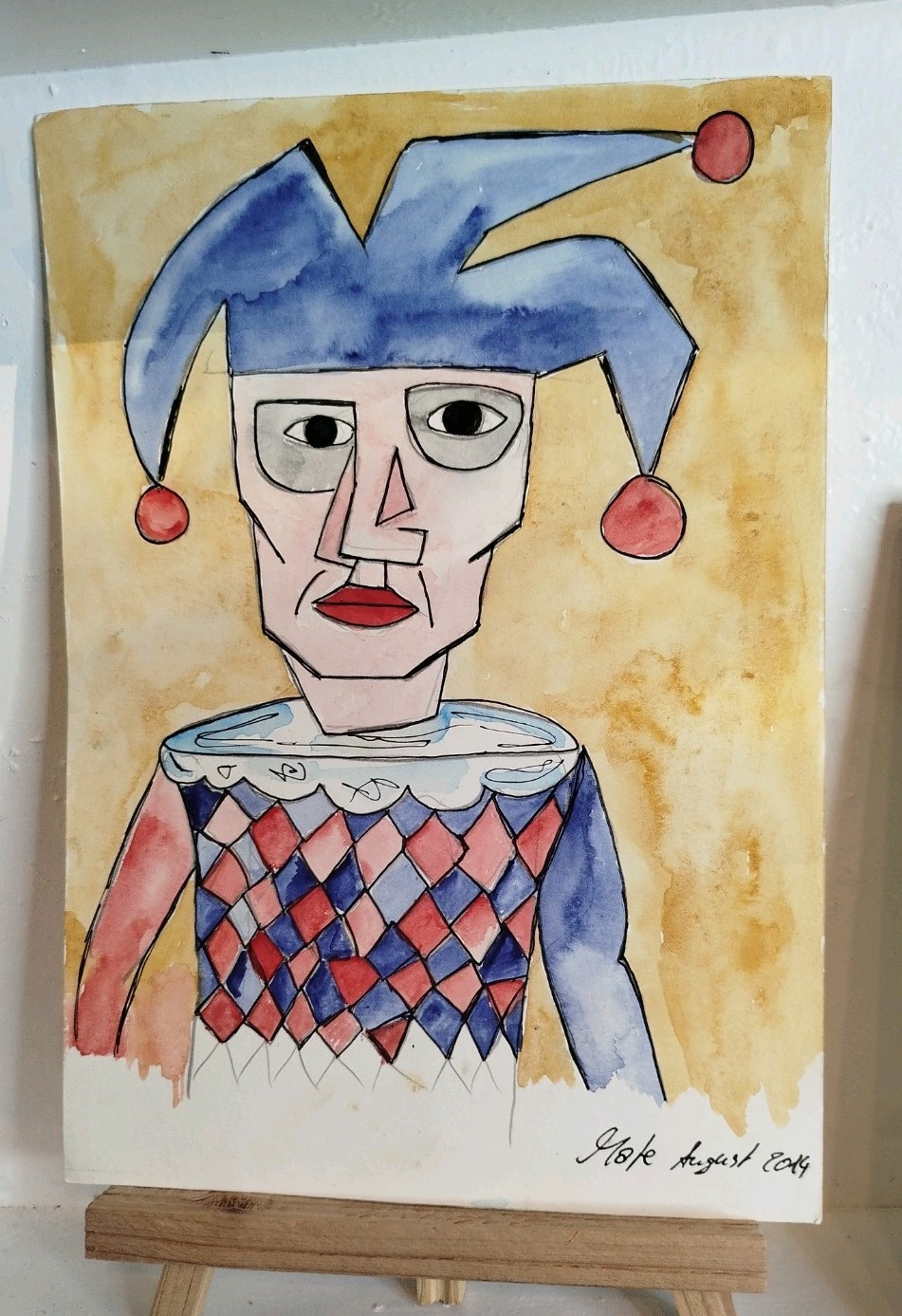 Harlequin watercolour painting unique signature approx. A4 from 2014