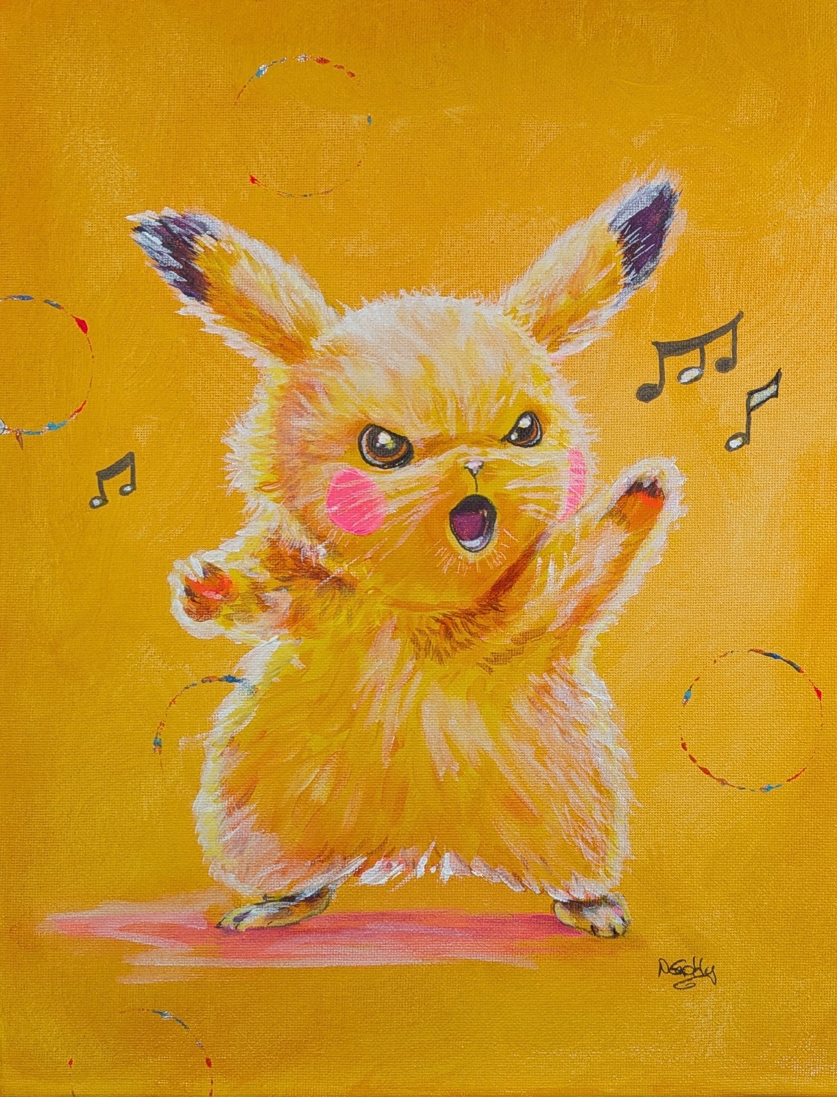 Original 14 x 11 Expressive Pikachu Singing Acrylic Canvas Painting