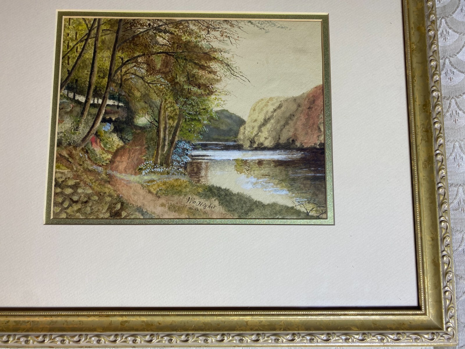 Antique W Higher «River Landscape Scene» Watercolor Painting – Signed And Framed