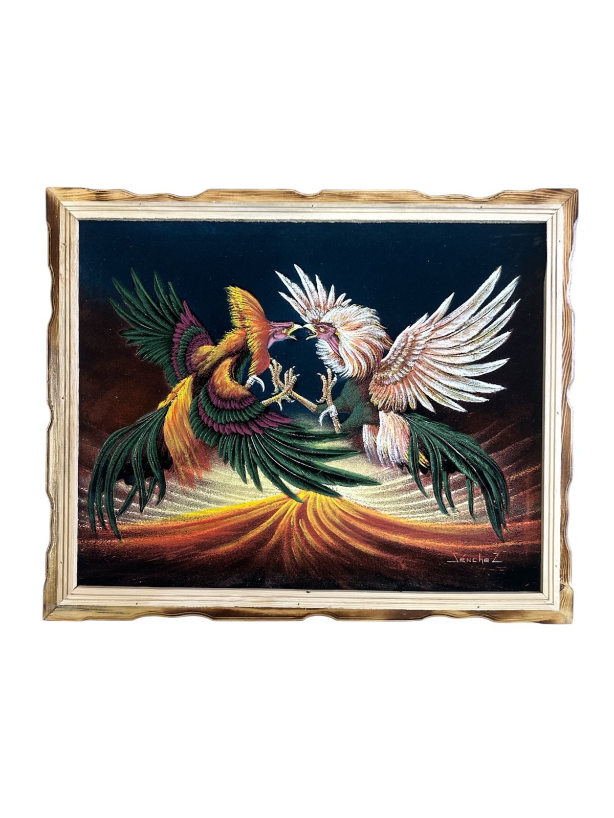 ROOSTER FIGHT , VELVET PAINTING , VINTAGE STYLE , 18″ BY 22″W , NEW