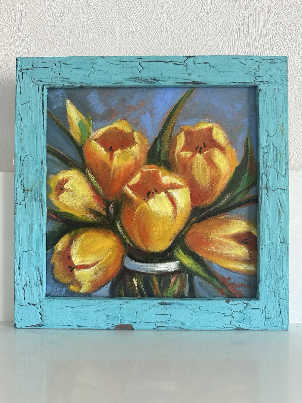 original oil painting Spring Flowers Tulips 20x20cm Wall Yellow Tulip Still Life