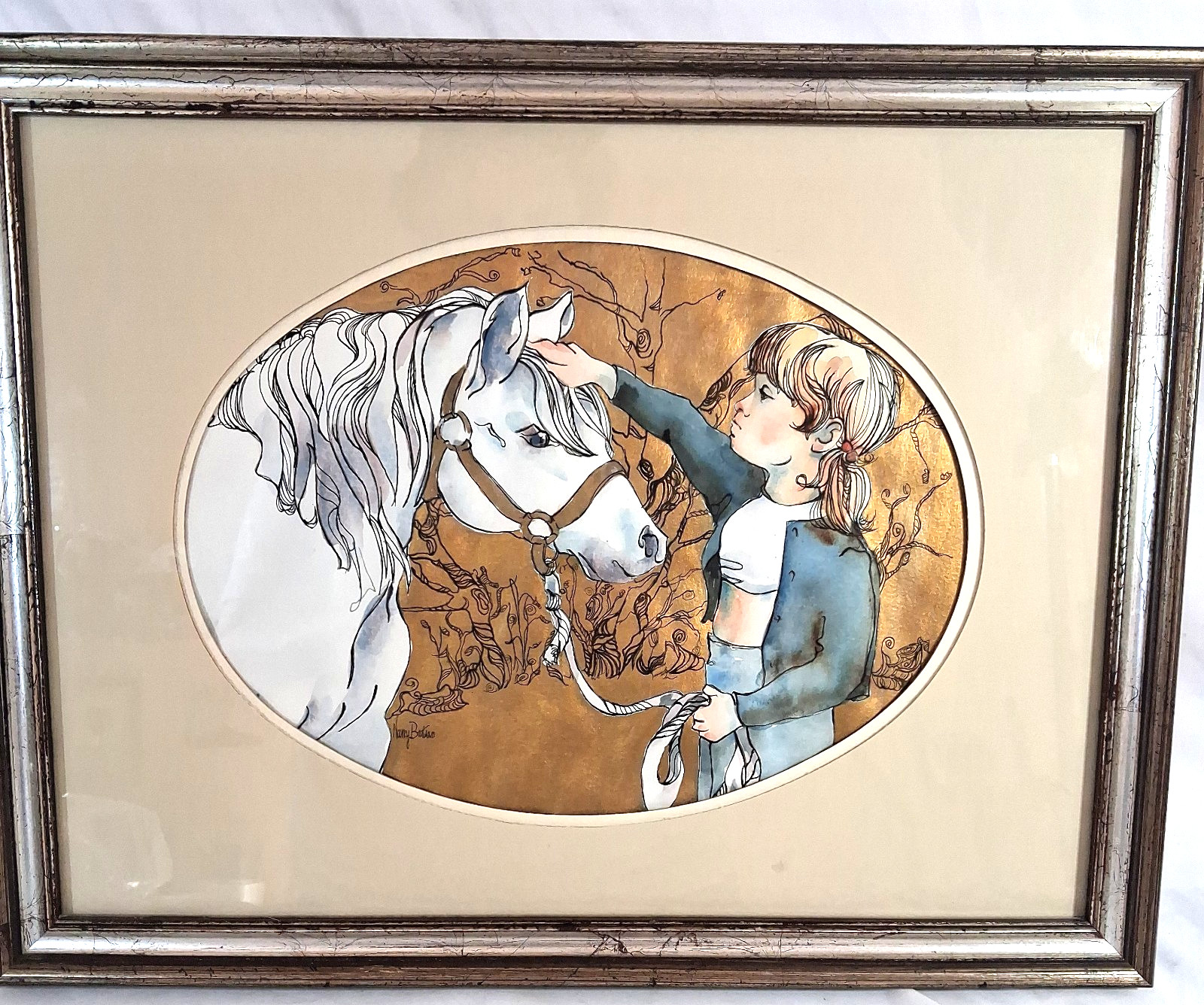 Original Watercolor and ink Girl Child and White Horse Painting Nancy Bartran