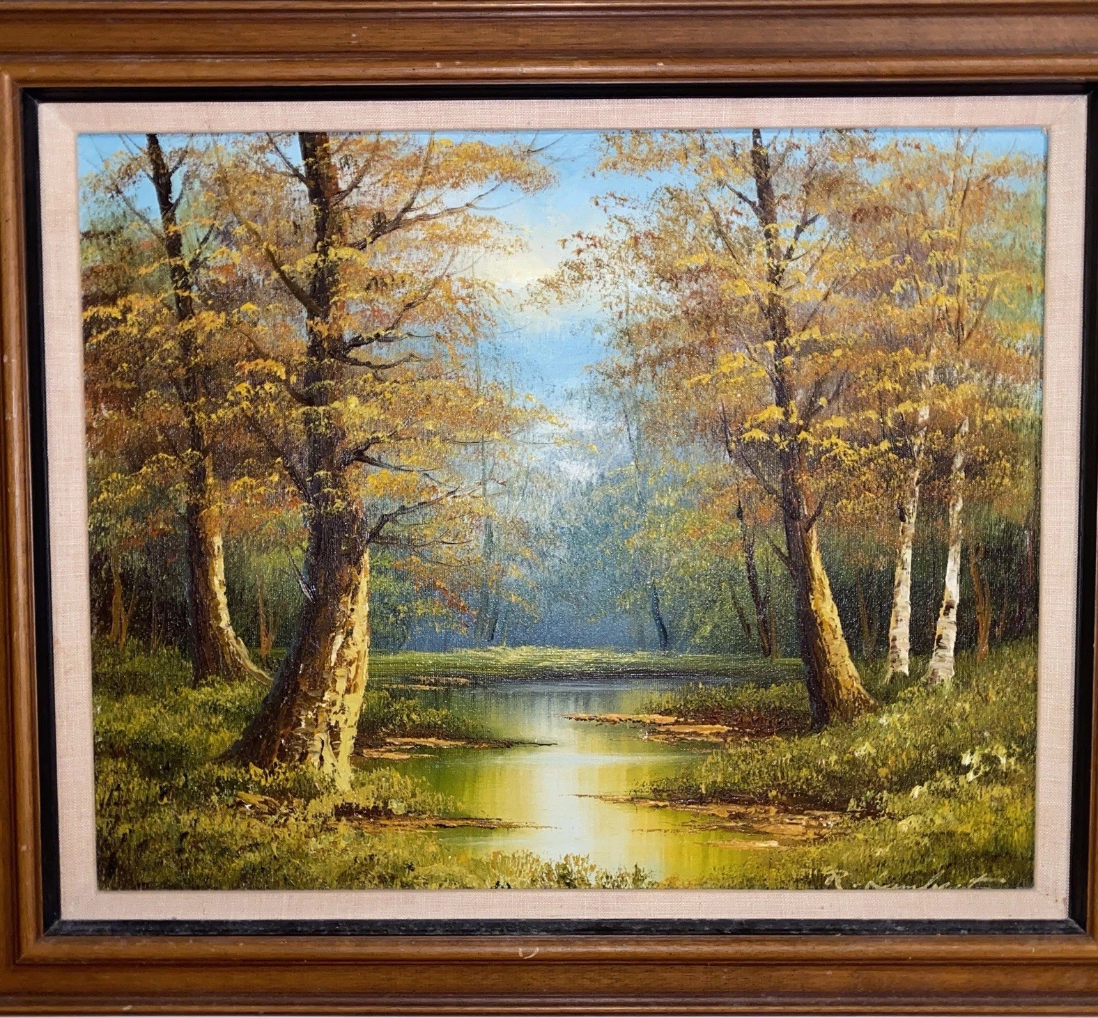 R. Lambert Oil Landscape Painting On Canvas Stream Through Forest Trees