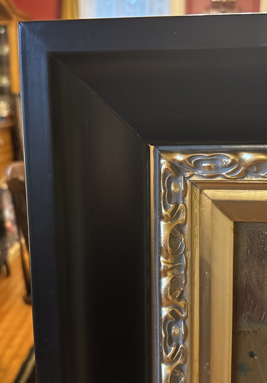 Landscape Oil Painting Signed With Ornate Black And Gold Frame 33 X 29