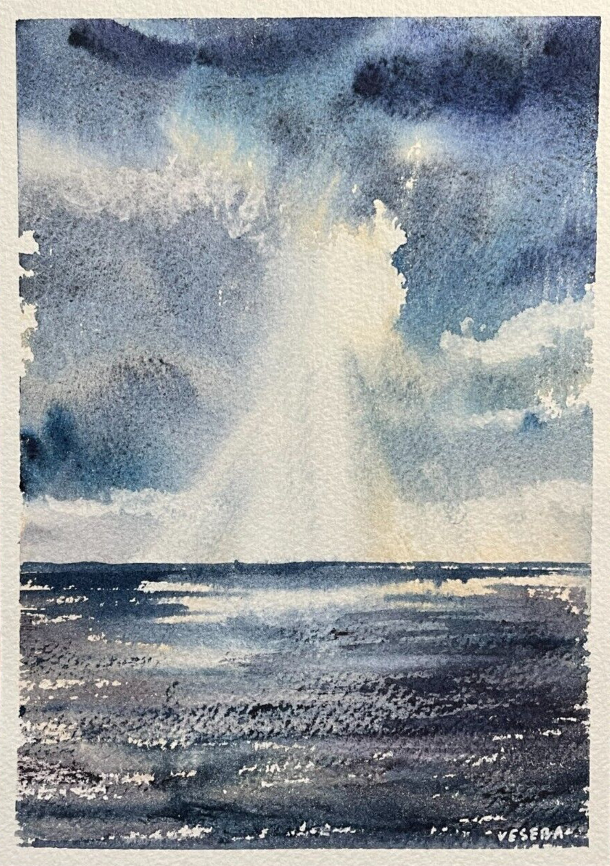 Original Watercolor Painting Seascape Ocean Sea Waves Water Sky – 5×7 inches