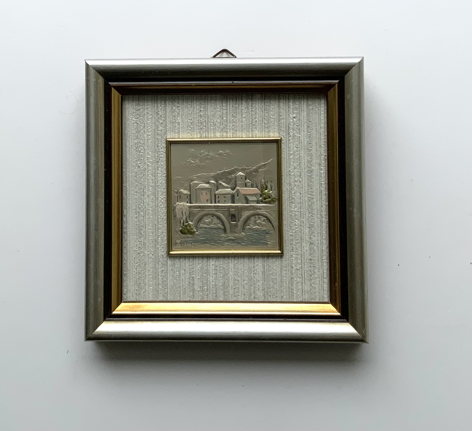 Vtg Embossed Sterling Silver Painted Hand Made Italy City Bridge Scene 4.5”x 4.5