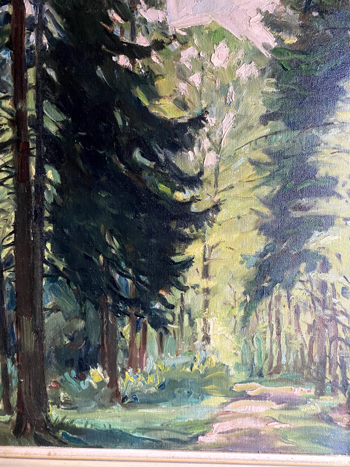 :OIL PAINTING CLEARING MEADOWS FOREST PATH RESIN FIR SKY NATURE CIRCA 1930 FRAME