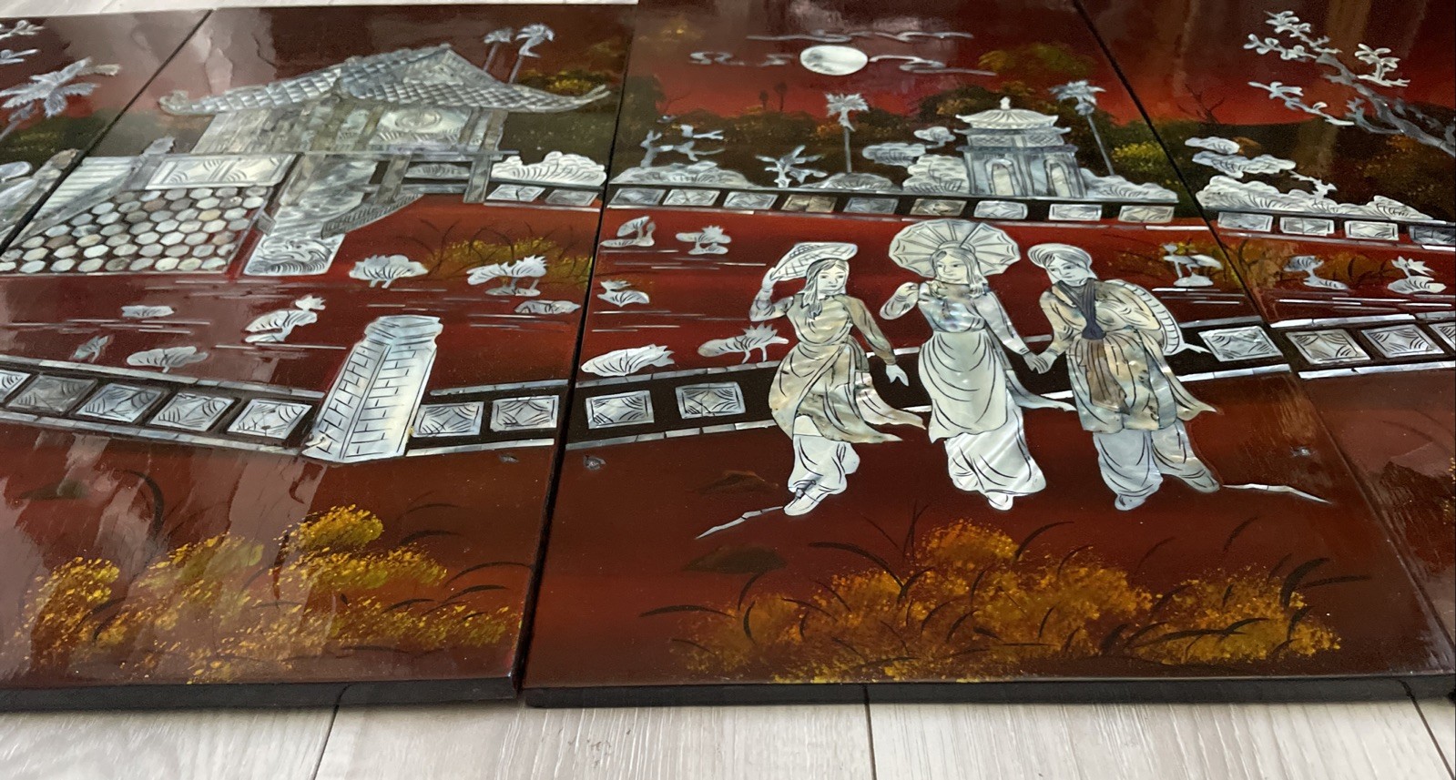 Asian Vietnamese 4 Lacquer Piece Artwork 23″HX45.6″L