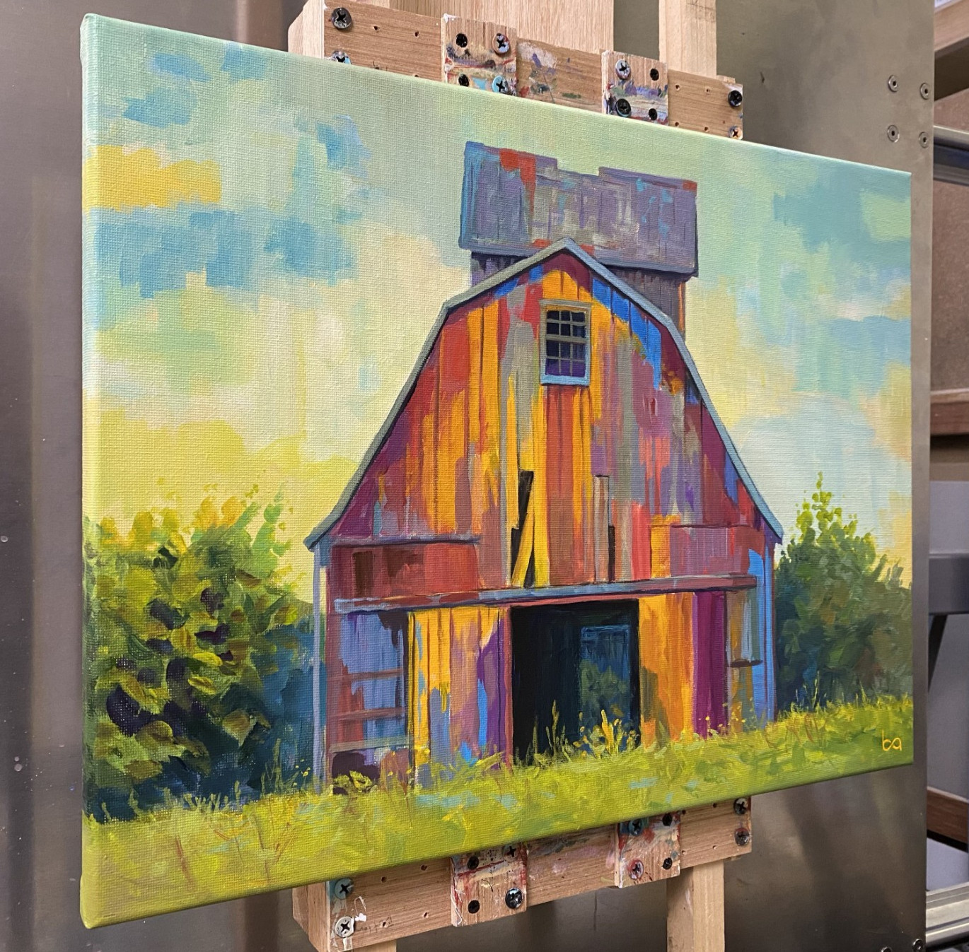 Colorful Red Barn Original Acrylic Painting Farmhouse Country Landscape Wall Art