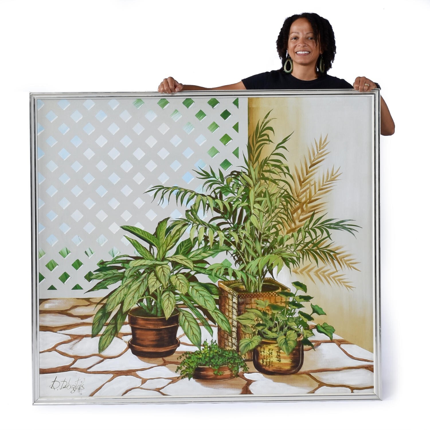1970s Mid-Century Modern Large Green and White DeLongprie House Plant Painting