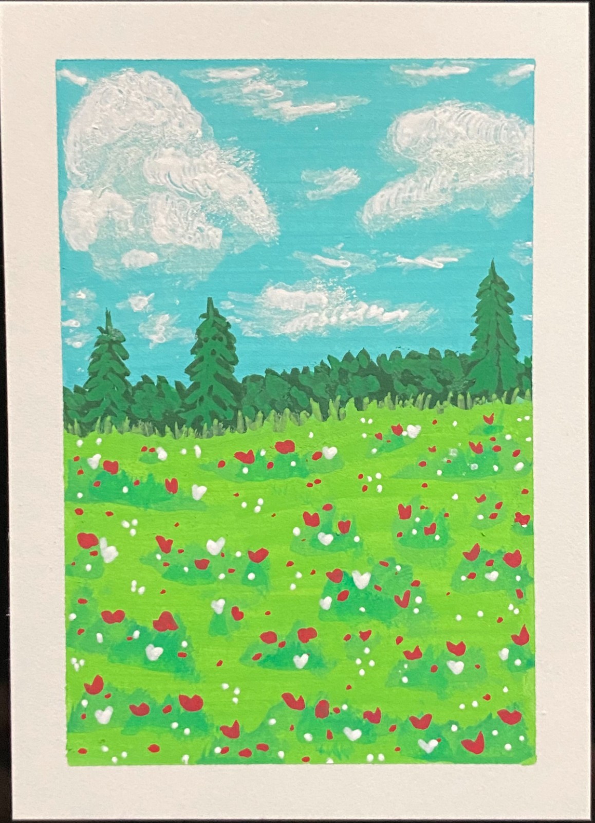 ACEO Original Landscape Red White Flowers Sky Artwork Collectible Atc Small Art