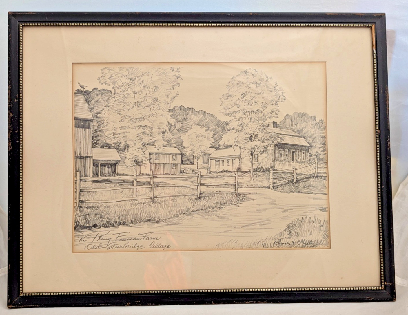 Vintage Signed Pencil Drawing Old Sturbridge Village Farm Framed 17×13