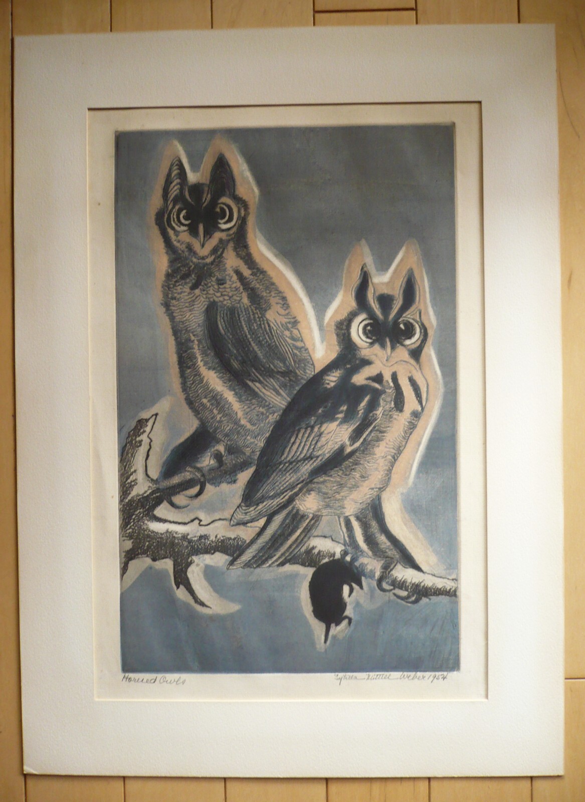 SYBILLA MITTELL WEBER, SIGNED COLOR ETCHING PRINT OWLS BIRD, MODERN & LISTED ART