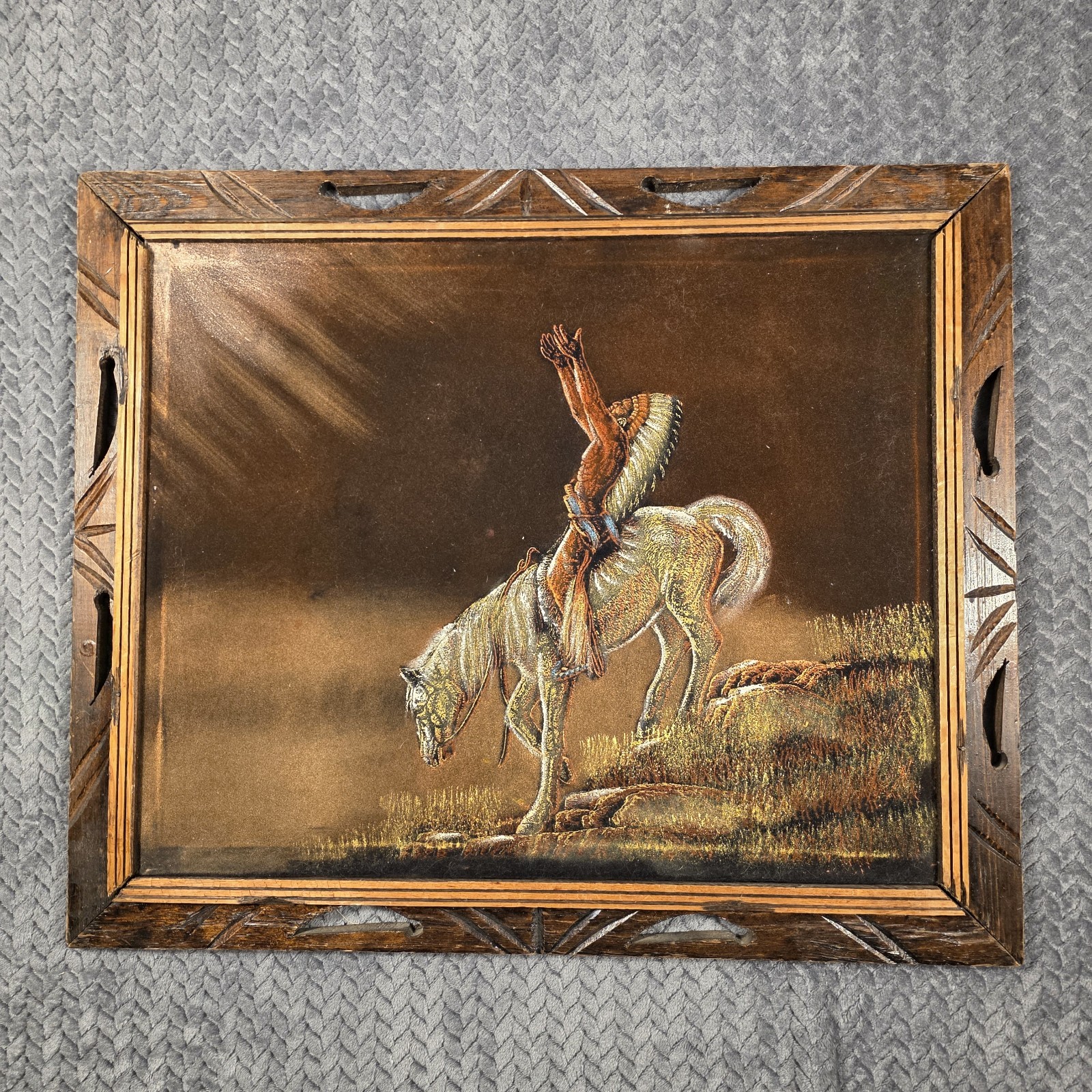 Vintage Native American / Horse Framed Velvet Painting Wall Art 23×19.5