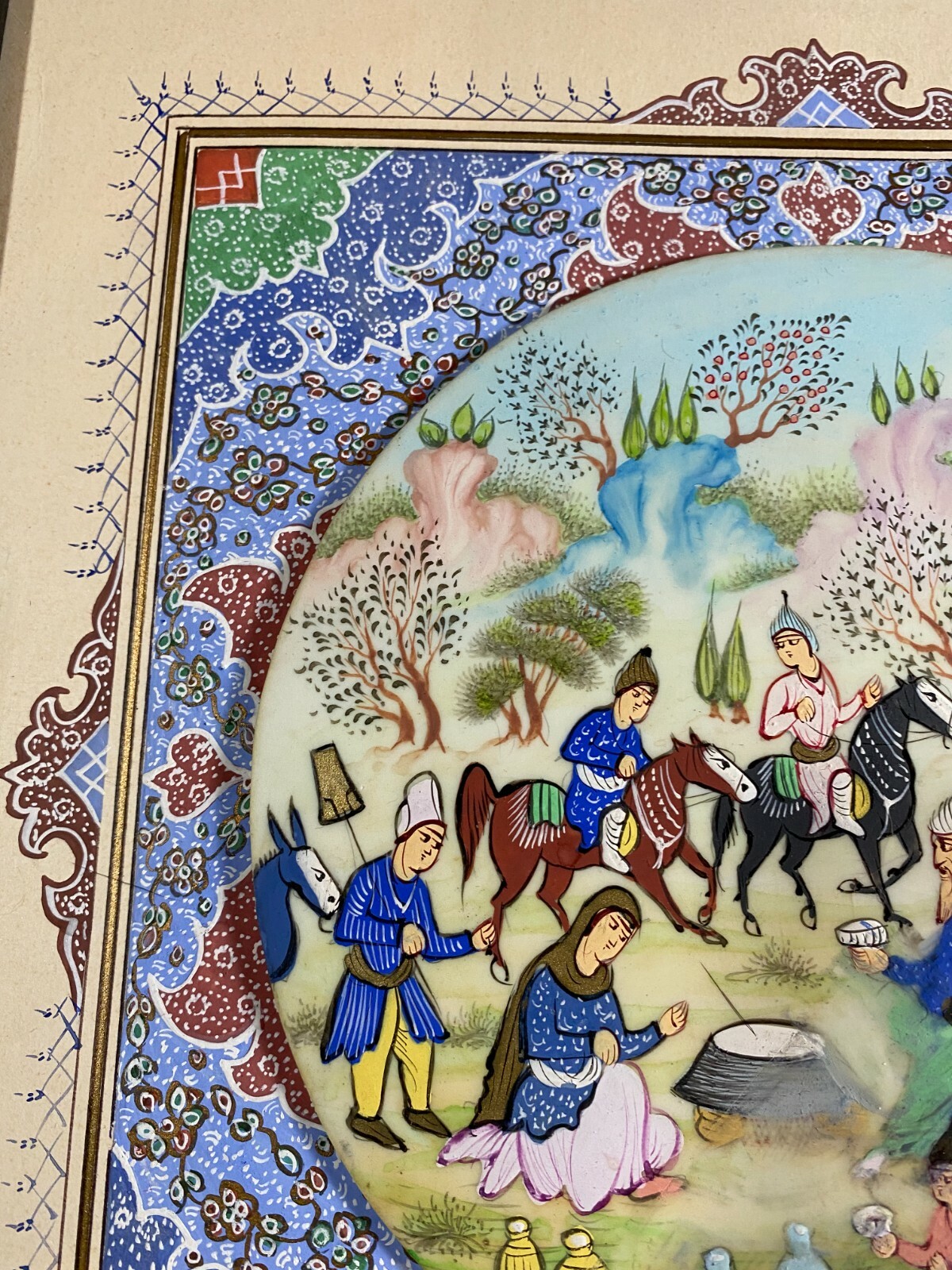 «Persian Figures Scene» Gouache On Bone & Paper Painting With Decorated Matte