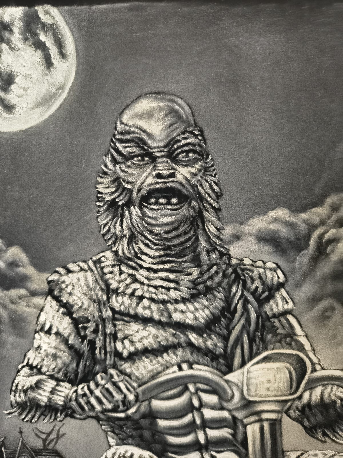 Creature from The Black Lagoon Bizarre Monster Black Velvet Painting Fine Art