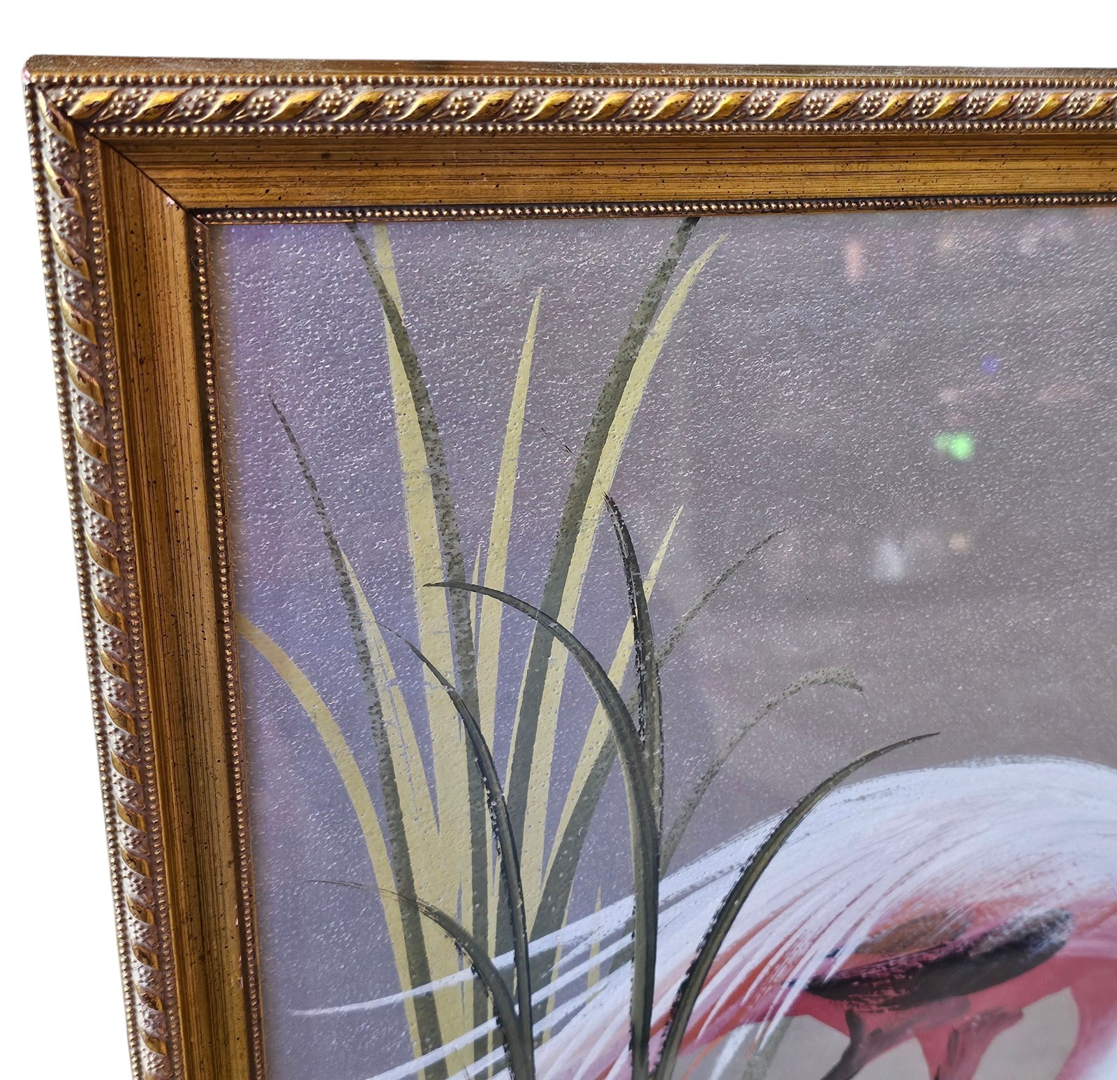 Vintage 1950s Pink Flamingo Devoe Original Painting Gold Frame 15.5″x19.5″