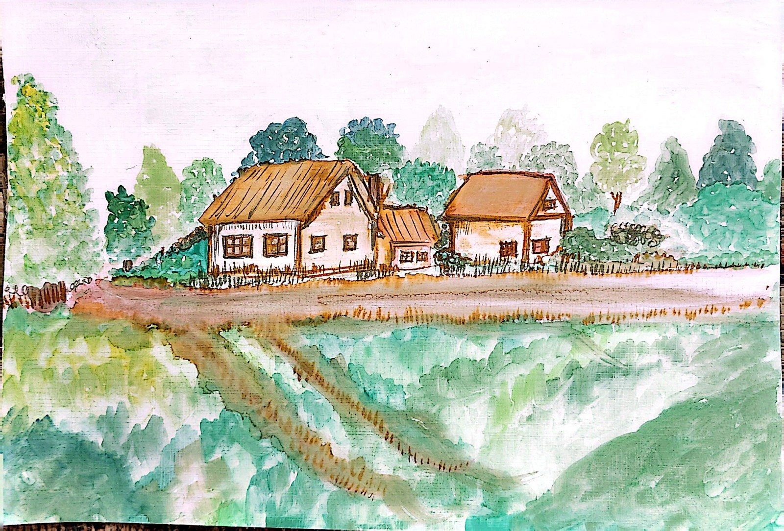 Country Home Contemporary Watercolor Expressionist Original Painting 9x12in