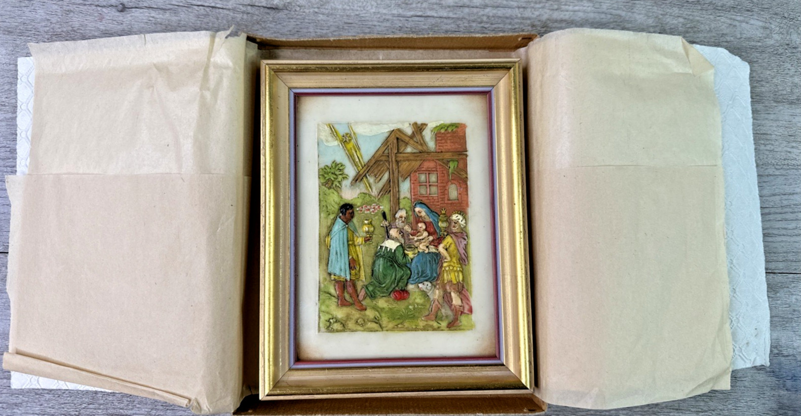 VTG Wachskunst Nr. 151 Krippe Painted Framed Wax Art Nativity Scene Original Box