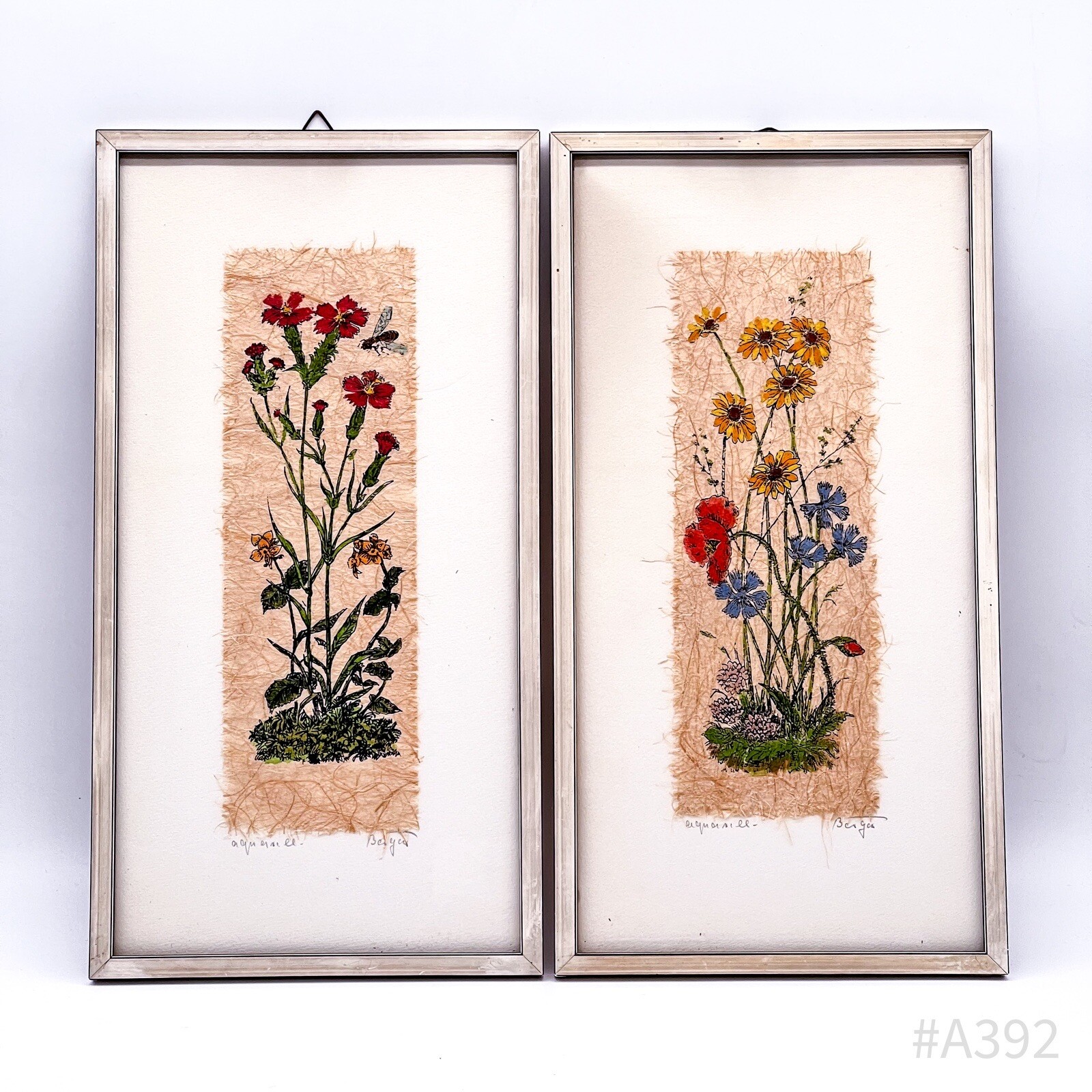 2-Piece Set Vintage Watercolor Flower Paintings, Signed, Framed