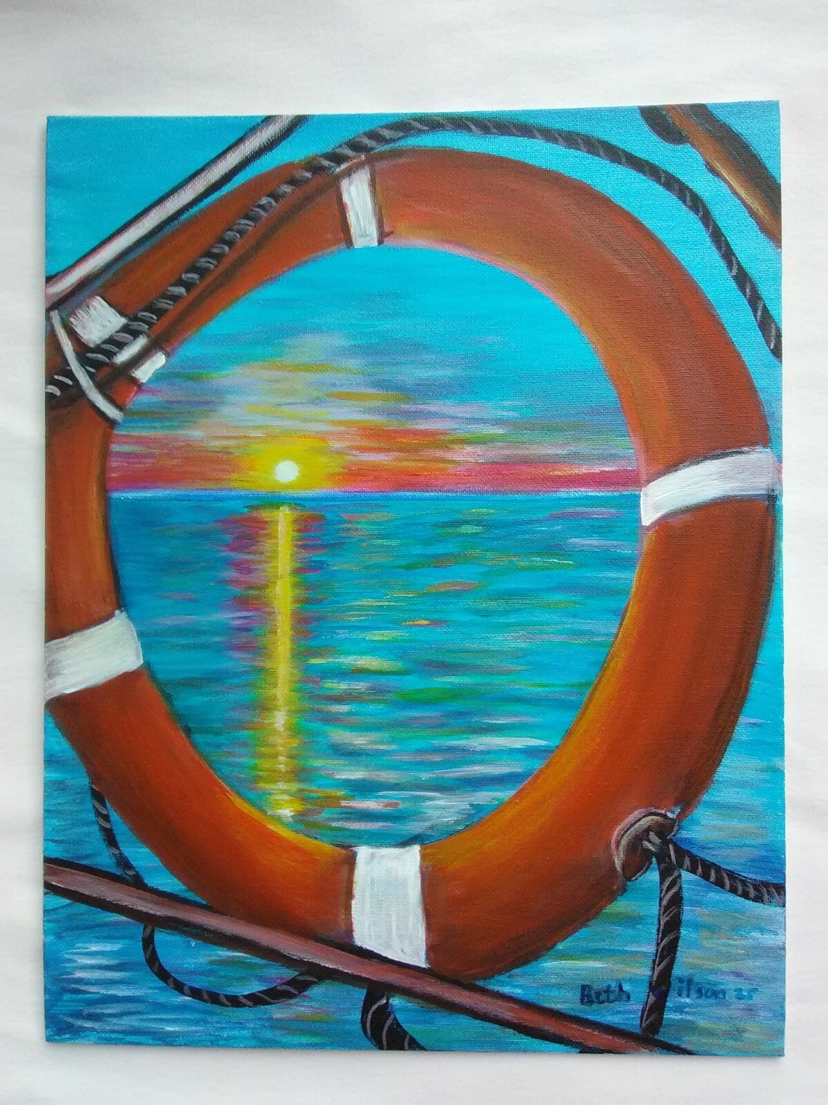 Original Hand Painting Sunset Life Saver 11X14 Canvas Beach Wall Art Artwork